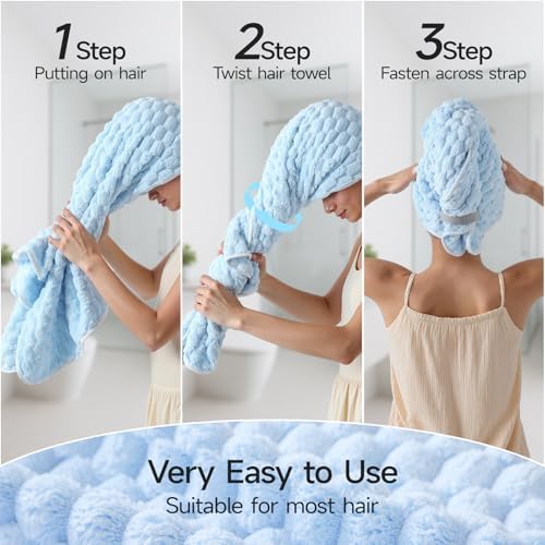 REDKISS Blue Microfiber Hair Towels - Extra Large Hair Towel Wrap for Women, 24x42 inch Hair Towels with Elastic Strap, Super Soft Hair Drying Towels for Long, Thick, Curly Anti Frizz Turbans - Image 3