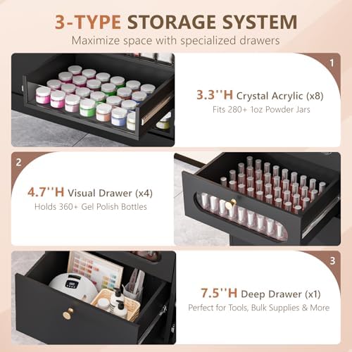 OmySalon Nail Salon Organizer Cabinet, 32" L Floor Storage with 8 Clear & 4 Visual Drawers, Wooden Display for Polish & Powder, Beauty Salon Furniture (Black, 32'' Length) - Image 5