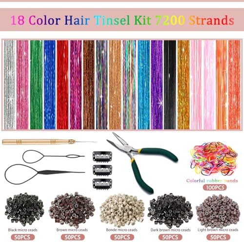 Hair Tinsel Kit, 18 Colors Glitter Tinsel Hair Extensions with Tools - Image 3