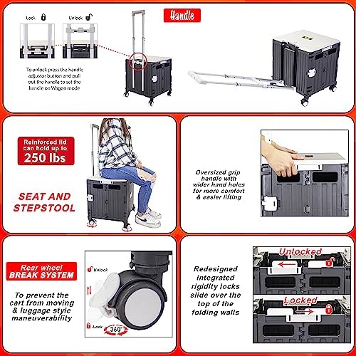 dbest Products Quik Cart Swing Lid Four Swivel Wheeled Rolling Crate Teacher Utility with seat Heavy Duty Collapsible Basket with Dual Telescopic Wagon Handle - Image 4