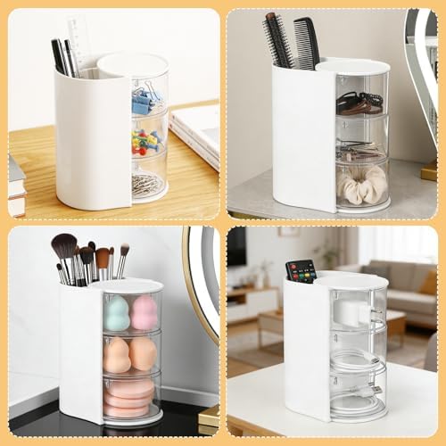 3-Tier Rotating Hair Accessories Organizer, 360° Spinning Storage Stand for Makeup Brushes and Jewelry, Compact Vanity Display Case for Girls, Holds Hair Clips, Earrings, Rings, Bracelets(White) - Image 5