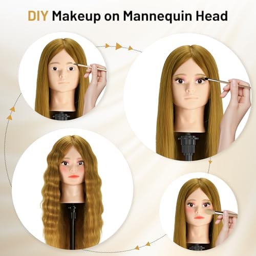 Mannequin Head Human Hair, 90% Human Hair with Tripod Stand, 23" Makeup Mannequin Cosmetology Manikin Practice Doll Head with Stand, Face Gems, Braiding Hairdressing Head for Hair Styling with Table Clamp + DIY Hair Styling Set - Image 5