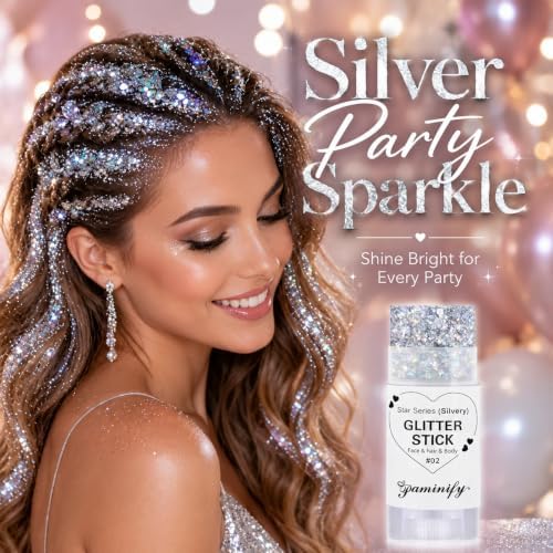 Silver Hair Glitter Stick,Cheer Body Face Glitter Stick,Mardi Gras Outfit for Women,Rave Music Festival Singer Concert Accessories,Waterproof Halloween Cosplay Shimmer Makeup - Image 3