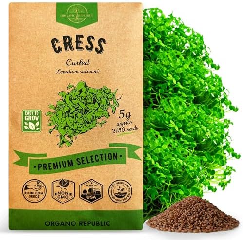 Curled Cress Seeds Pack 5G - Over 2,150 Non-GMO Heirloom Cress Seeds for Planting Greens in Individual Seed Packet, Greens Seeds for Planting Home Garden Indoor & Outdoor Gardening by OrganoRepublic