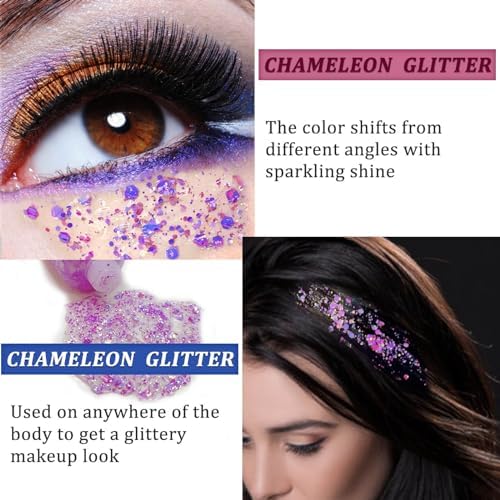 MEICOLY Chameleon Light Purple Hair Glitter,Holographic Chunky Halloween Body Glitter,Color Changing Mermaid Face Glitter,Self-Adhesive Glitter Sequin for Face Body Hair,Festival Party Cheer Glitter - Image 3