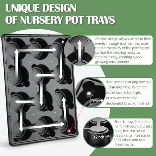 RooTrimmer 12 Cell Round Nursery Pot Trays Thickened Durable Seedling Pots Shuttle Carrying Trays for Holding 4 Inch Nursery Pots (16.85" × 12.6", 20-Pack) - Image 3