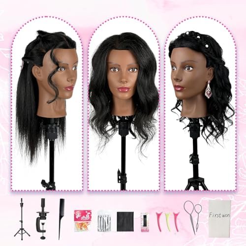 Mannequin Head Human Hair with 100% Real Hair Cosmetology Manikin Doll Head for Hair Styling 18" Mannequin Head for Braiding with Tripod Stand and Tools (Natural Black) - Image 6
