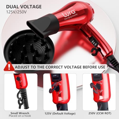 LURA Mini Portable Travel Hair Dryer:Dual Voltage Small Lightweight Blow Dryer with EU Plug,1200W Compact Hairdryer with Folding Handle,with Concentrator&Diffuser Attachment,for Women and Men(Red) - Image 3