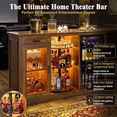 GDLF 60.2-Inch Home Bar Cabinet with Fridge Space, Warm Amber LED, Walnut - Image 6