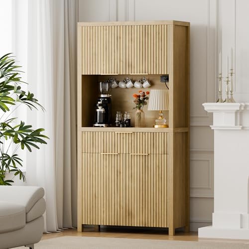 Lulive 71" Fluted Pantry Cabinet with Charging Station, Natrual - Image 6
