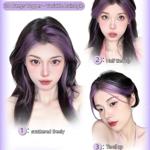 VAVANGA Long Hair Topper with Bangs Clip in Black Purple Highlight Color - Image 2