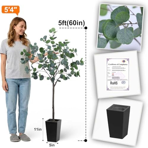 Aveyas 5ft Artificial Eucalyptus Tree for Home Decor, 5 ft Large Faux Floor Plant Fake Silk Trees with Pot for Indoor Outdoor House Living Room Office (5 Feet Tall Including Raised Pot) - Image 2