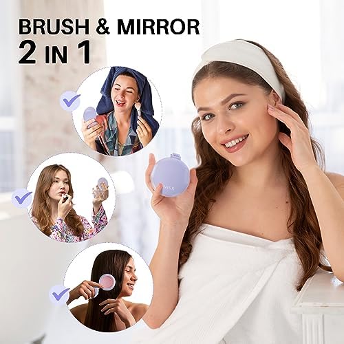 RHOS Hair Brush with Mirror for Women, Girls - Compact Folding Brush with Soft Nylon Bristles and Mirror - Portable Hair Brush for Travel (Purple) - Image 2