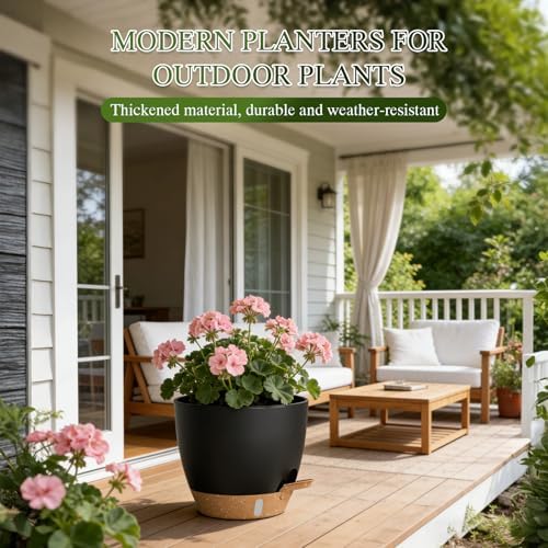 Self Watering Pots with Drainage Holes, 2 Pack 10 Inch Plant Pots with Water Level Indicator Deep Reservoir, Large Plastic Planter for Indoor Outdoor Plants - Black Brown - Image 6