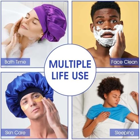 WLLHYF 18 Pcs Satin Bonnets for Sleeping, Large Silk Bonnet Wide Band Hair Bonnet Soft Elastic Hair Wrap Cap Silky Shower Cap for Black Women Men Curly Hair - Image 5