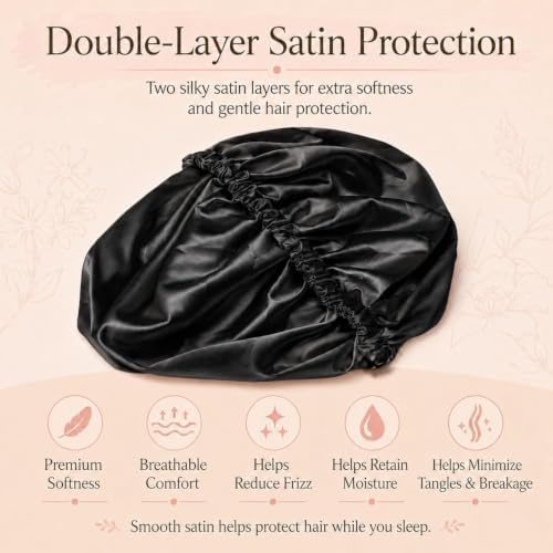 Women’s Satin Bonnet for Sleeping, Double Layer Sleep Cap, Black - Image 6