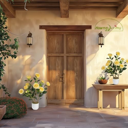 2 Pack Artificial Camellia Tree with White Pot, 24" Faux Potted Plants for Indoor Outdoor Decor, Tall Silk Greenery Plant for Home Office Living Room Balcony, Yellow - Image 4