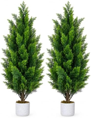 Garvee 3FT Artificial Cedar Trees 2 Pcs with White Spotted Pot by Garvee