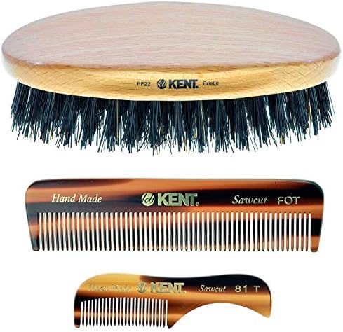 Kent Mens Beard Kit, 81T Extra Small Beard Mustache Comb, Fot All Fine Tooth Pocket Comb and PF22 Oval Palm Hair Brush. Beard and Mustache Grooming Kit for Travel and Home Beard Care. Made in England by KENT