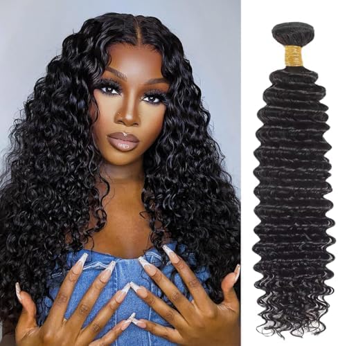 Deep Wave Human Hair Bundles 14 Inch Deep Wave Bundles 100% Unprocessed Brazilian Virgin Hair 1 Bundle Curly Bundles Hair Extensions Real Human Hair Wavy Quick Weave Bundle Natural Black by Cenglou