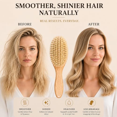 100% Boar Bristle Hair Brush for Fine Hair, Soft Boar Bristle Oval Cushion Brush for Girls & Women with North American Oak Wood Handle, Wide Tooth Comb & 2-in-1 Cleaning Tool for Daily Shine - Image 5