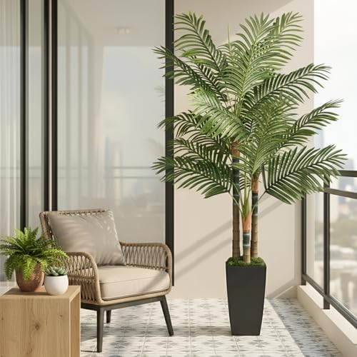 5ft Artificial Palm Tree Indoor Plant，Triple Faux Tropical Areca Floor Plant in Pot，Artificial Plants with Lifelike Leaves for Home Office Decor - Image 5