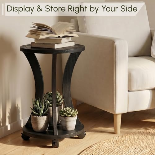 2 Pack 2 Tier Wooden Plant Stand Indoor with Wheels – Tall Plant Stand for 6-12 Inch Pots, Mid-Century Modern Rustic Plant Table Indoor, Pedestal Stand for Corner, Living Room, Balcony, Black - Image 3