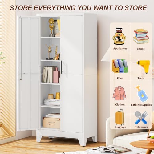 71" White Metal Storage Cabinet with 2 Doors and 4 Adjustable Shelves,Steel Garage Tool Cabinet, File Cabinet,Kitchen Pantry Cabinet for Home,Office,Garage,School,Warehouse - Image 6