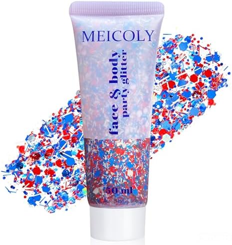 MEICOLY Red White and Blue Hair Glitter with Ribbon Strip Sequins,Patriotic 4th of July Face Glitter Accessories Outfit,Self-Adhesive Waterproof Fourth of July Sparkle Body Glitter for 2026 World Cup by MEICOLY
