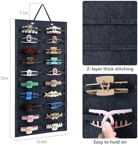 SMUK Claw Clip Organizer for Women, Hanging Mount Hair Clips Holder Organizer for Girls, Hair Bow Claw Clip Stand Storage for Wall, Door, Closet, Horizontal Dark Gray - Image 2