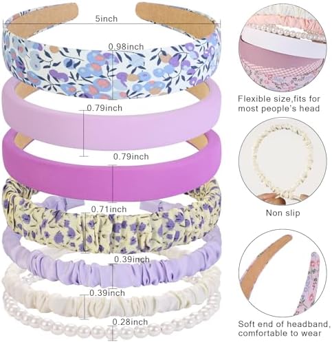 7 Pcs Headbands for Women Girls, Non Slip Cute Pearl Floral Padded Vintage Wide Fashion Multi-style Headbands for Girls - Image 2
