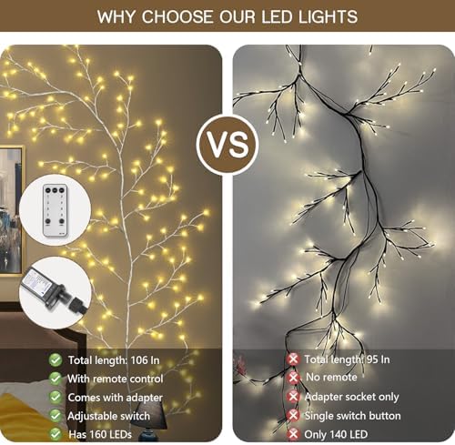 160LED Plug-In Vine Lights With Remote - Indoor Artificial Plants Flowers Tree Willow Decor for Walls, Bedroom, Living Room, Kitchen, Coffee Shop - Warm White (White) - Image 3