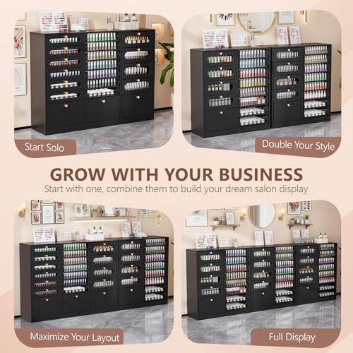 OmySalon Nail Polish Organizer Cabinet with Drawers, 47.2" L Large Nail Salon Storage for Polish & Powder, 7 Clear & 10 Visual Drawers, Wooden Beauty Salon Furniture (Black) - Image 7