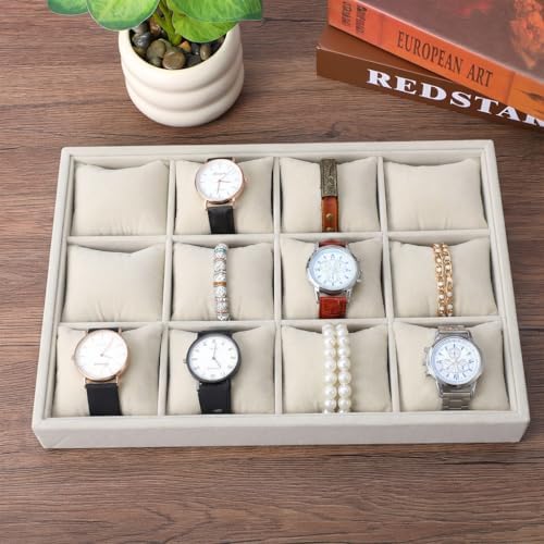 2 Pack 12 Grid Velvet Watch Tray Organizer with Removable Pillows - Stackable Bracelet & Bangle Display Holder for Drawer, Store, or Travel - Beige - Image 5