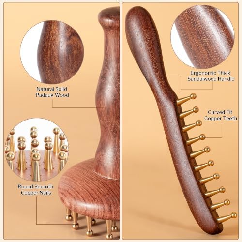 SIMPOR 2 in 1 Brass Copper Meridian Massage Tool Set, 29 Teeth Meridian Massage Brush & Wide Tooth Scalp Massage Comb, Sandalwood Handheld Massager for Head Neck Shoulder Abdomen Home SPA Self Care - Image 3