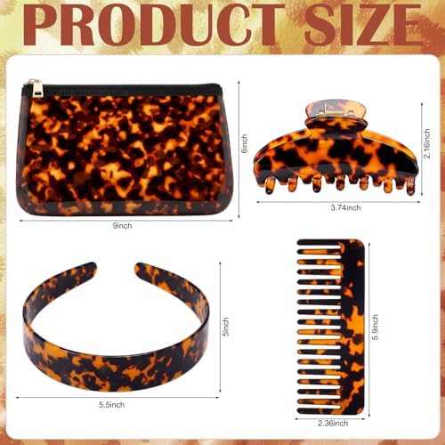 Thiccywoov 4 Pcs Tortoise Shell Makeup Bag with Hair Accessories Set for Women, Travel Cosmetic Pouch, Wide Headband, Large Claw Clip, Wide Tooth Comb, Retro Hair Styling Gift Set - Image 2