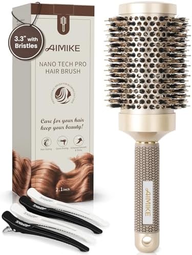 AIMIKE Round Hair Brush, Nano Thermal Ceramic & Ionic Tech, 2.1 Inch Barrel with Boar Bristles for Enhanced Texture, Golden, Hair Drying, Styling, Curling and Shine + 4 Free Clips by AIMIKE