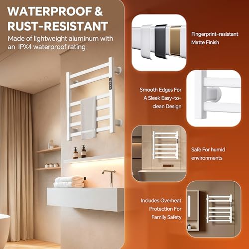 Electric Towel Warmer Wall Mounted, Heated Towel Rack with Intelligent Timer & Temperature Control, Plug-in or Hardwired, Left/Right Compatible, 21 Inch, White - Image 6