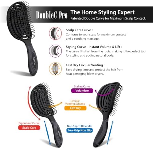 NuWay® DoubleC Pro® & Traveler® Combo (2-Brush Set) Professional Scalp Care & Detangling Hair Brushes with Patented Double Curve Design, Travel Case, Wet & Dry Hair (Midnight Black) - Image 2