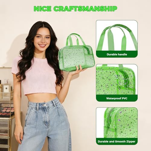 Large Clear Makeup Bag 12x5x8 Green Star Pattern - Waterproof PVC Travel Cosmetic Organizer with Handle, Durable Transparent Toiletry Case for Women Girls Travel Gym Beach Storage - Image 3
