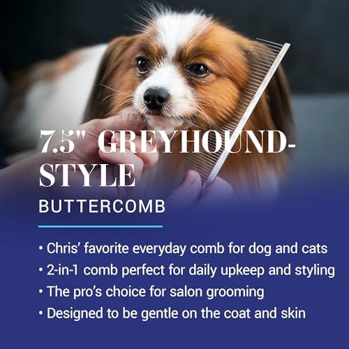 Chris Christensen 000 7.5 in. Greyhound Style Fine/Coarse Colored Butter Comb, Groom Like a Professional, Rounded Corners Prevent Friction and Breakage, Solid Brass Spin with Steel Teeth, Chrome Finish - Image 2
