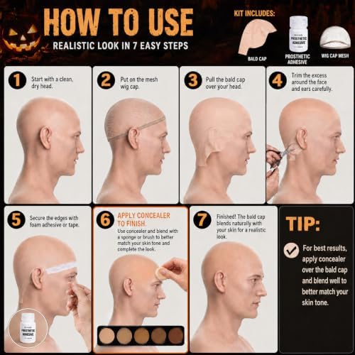 Medium Latex Bald Cap SFX Makeup Kit,Bald Wig Cap with Skin Water-Based Skin Adhesive (Bonding Skin Glue) for Women & Kids,Perfect for Halloween Costumes, Cosplay, and Theater - Image 6