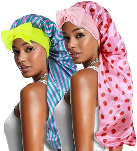 2pcs Long Satin Bonnets with Tie Band, Large Braid Bonnet Silky Hair Cap for Locs Women Sleeping, L by Heniho
