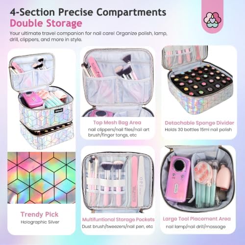 SAVILAND PU Leather Nail Polish Organizer Bag for Nail Tech, Holographic - Image 3