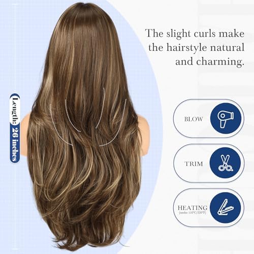 HAIRCUBE Long Brown with Blonde Highlight Wig with Bangs 22 inch Layered Curly Wigs for Women Natural Synthetic Wigs for Daily Use (wig cap:22-24 inch) - Image 5