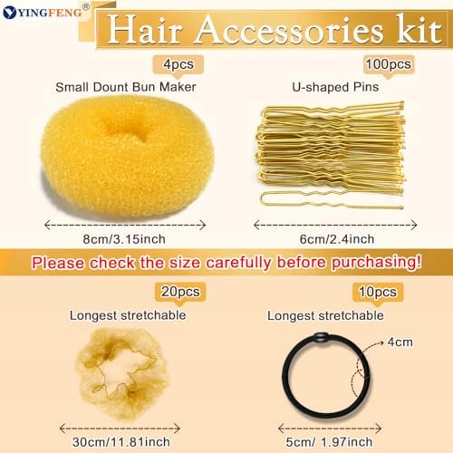 YINGFENG 134 Pcs Gold Hair Bun Maker Kit Medium - 4 Bun Hair Pieces for Women, 20 Hair Net for Buns, 100 Bobby Pins for Women, 10 Hair Bands, for Ballet Styling, Hair Accessories for Girls - Image 3