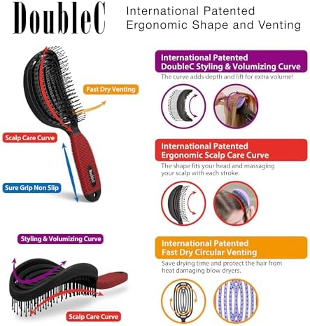 NuWay® DoubleC® Scalp Care Hair Brush – Patented Double Curve Design for Scalp Massage, Vented Blow-Dry Styling, Wet & Dry Hair, All Hair Types (Black & Red) - Image 2