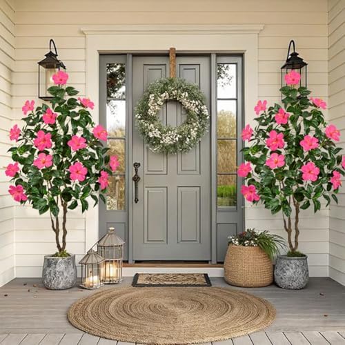 Briful Artificial Hibiscus Tree 5.25ft Tall Real Touch Fake Tree with Pink Flowers Potted Faux Plant Indoor Realistic Floor Plants for Front Porch Outdoor Home, Patio Decor - Image 2