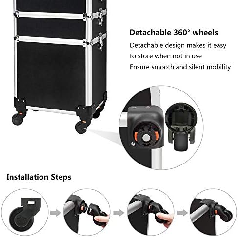 mefeir 4 in 1 Rolling Makeup Train Case, Aluminum Makeup Travel Organizer Cosmetic Case, Cosmetology Display Suitcase on Wheels, Beauty Storage Luggage Lockable w/4 Removable Wheels (Black) - Image 6