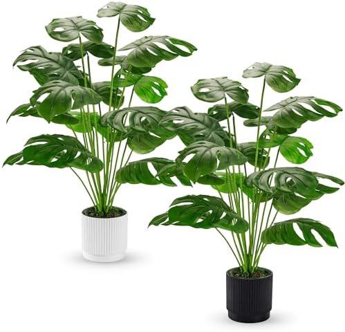 Der Rose 2 Pack 28" Fake Plants, Monstera Plants in White and Black Pots by DerRose